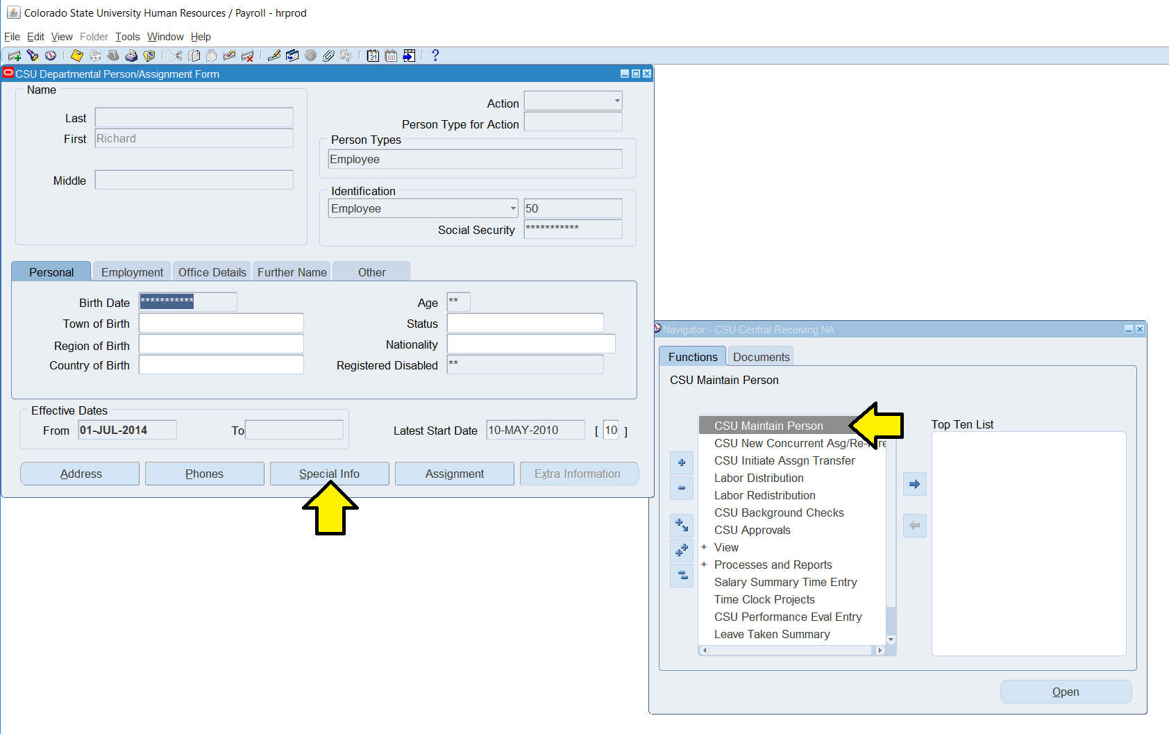 OracleHR interface with arrows to click the Special Info button and CSU Maintain Person option.