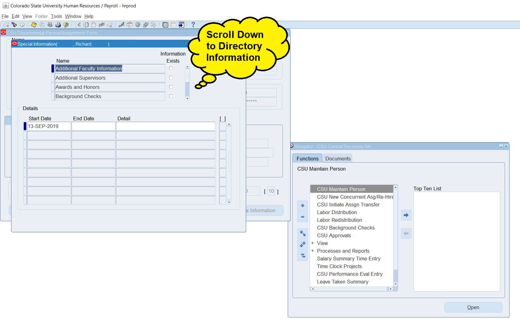 OracleHR interface with a cloud icon saying scroll down to directory information.