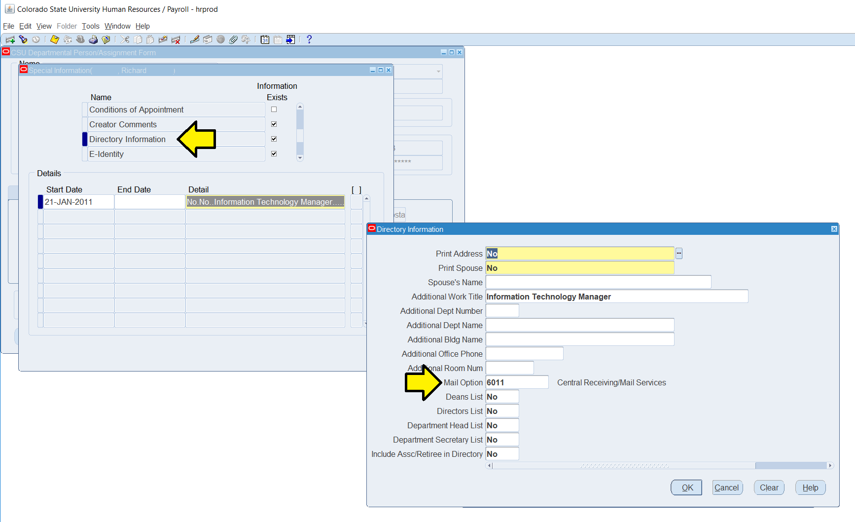 OraclehR interface with arrows pointing to click on the directory information field and then enter your campus delivery code in the mail option field.