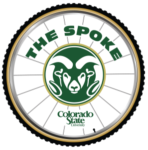 The Spoke Logo with Rams Head and Colorado State University word mark inside a wheel with spokes and mountain bike tire with valve stem